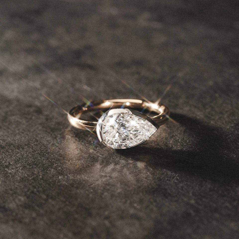 East West 2.00ct Pear Cut Lab Diamond Solitaire Engagement Ring in 18K Yellow Gold