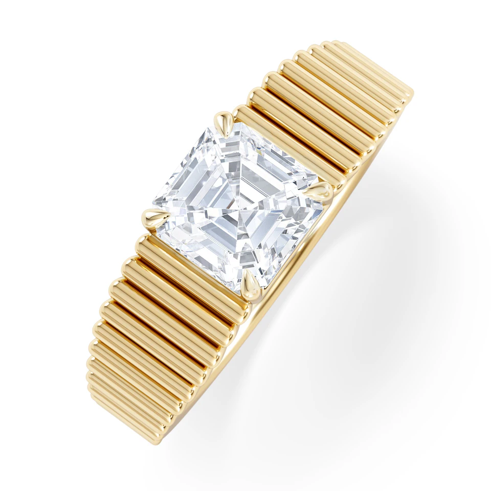 Flute 1.00ct Assher Cut Lab Grown Diamond Solitaire Ring 18K Yellow Gold
