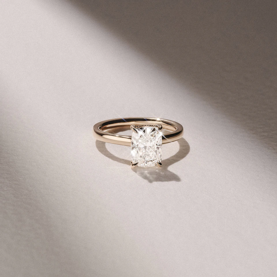 Amora 3.00ct Elongated Cushion Cut Lab Diamond Hidden Halo Solitaire Engagement Ring in 18K Yellow Gold