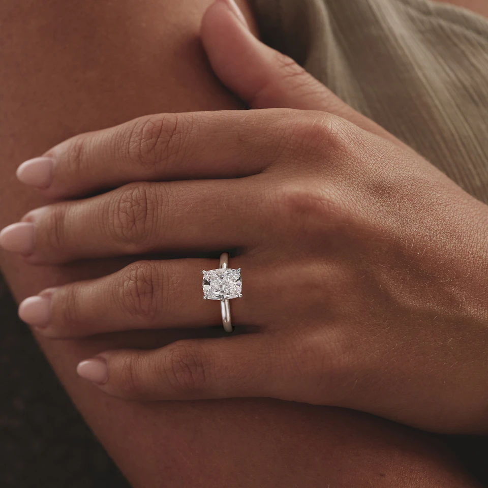 Amora 3.00ct Elongated Cushion Cut Lab Diamond Hidden Halo Solitaire Engagement Ring in 18K White Gold