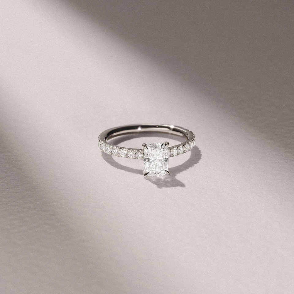 Amora 1.00ct Elongated Cushion Cut Lab Diamond Hidden Halo Engagement Ring with Side Stones in Platinum