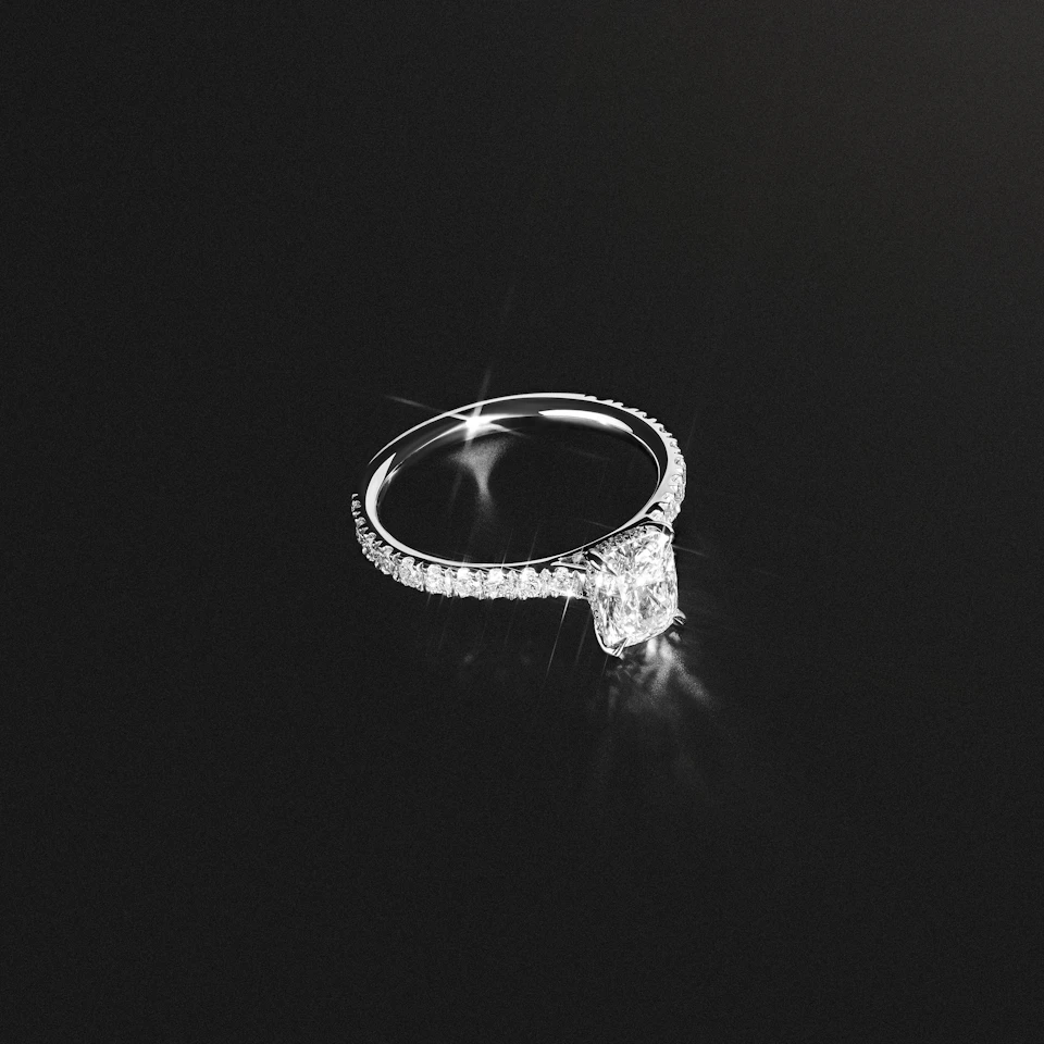 Amora 1.00ct Elongated Cushion Cut Lab Diamond Hidden Halo Engagement Ring with Side Stones in 18K White Gold