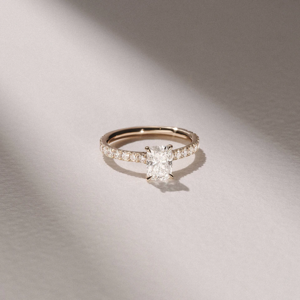 Amora 1.00ct Elongated Cushion Cut Lab Diamond Hidden Halo Engagement Ring with Side Stones in 18K Yellow Gold
