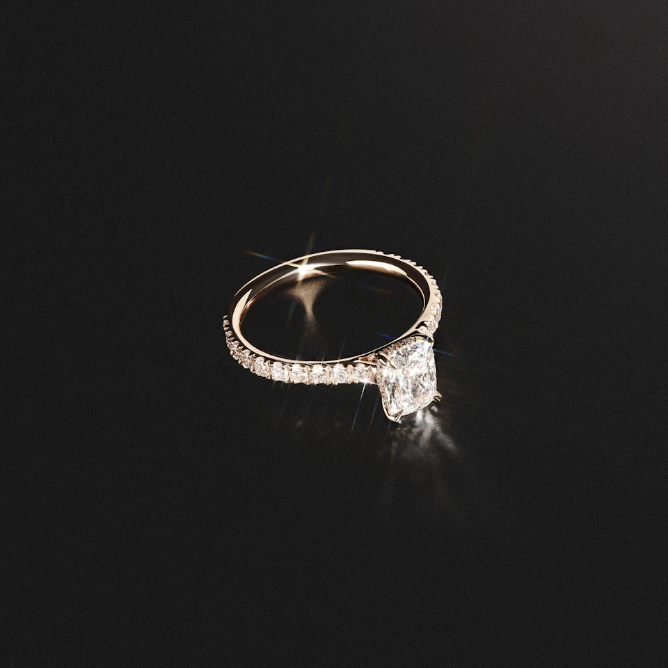 Amora 1.00ct Elongated Cushion Cut Lab Diamond Hidden Halo Engagement Ring with Side Stones in 18K Yellow Gold