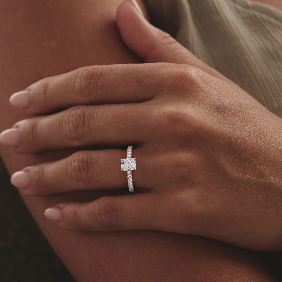 Amora 1.00ct Elongated Cushion Cut Lab Diamond Hidden Halo Engagement Ring with Side Stones in Platinum