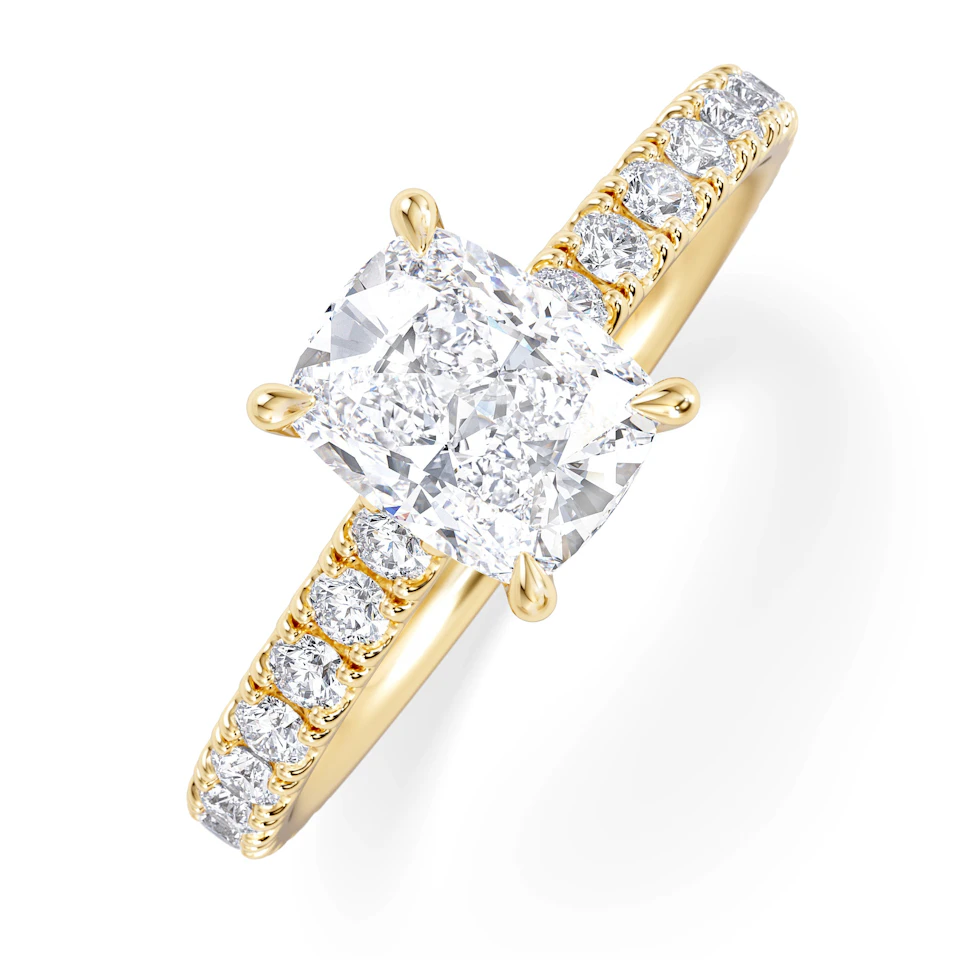 Amora 1.00ct Elongated Cushion Cut Lab Diamond Hidden Halo Engagement Ring with Side Stones in 18K Yellow Gold