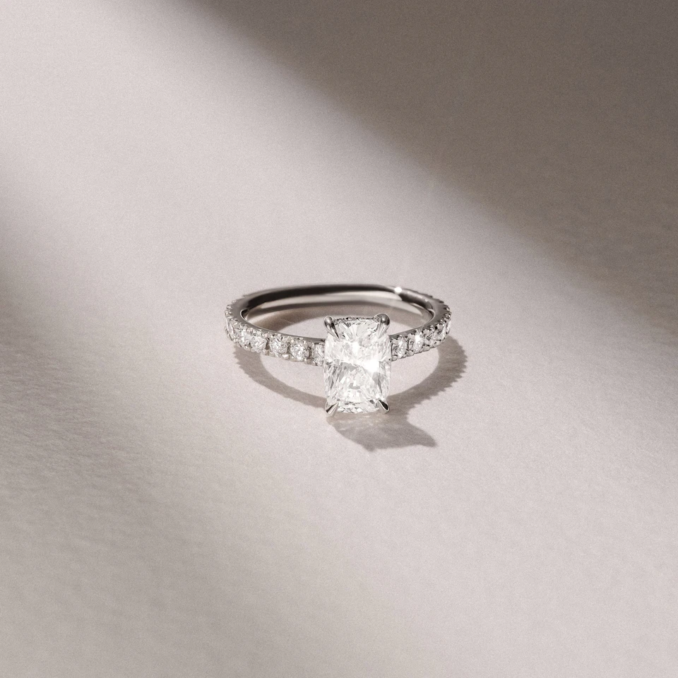 Amora 2.00ct Elongated Cushion Cut Lab Diamond Hidden Halo Engagement Ring with Side Stones in Platinum