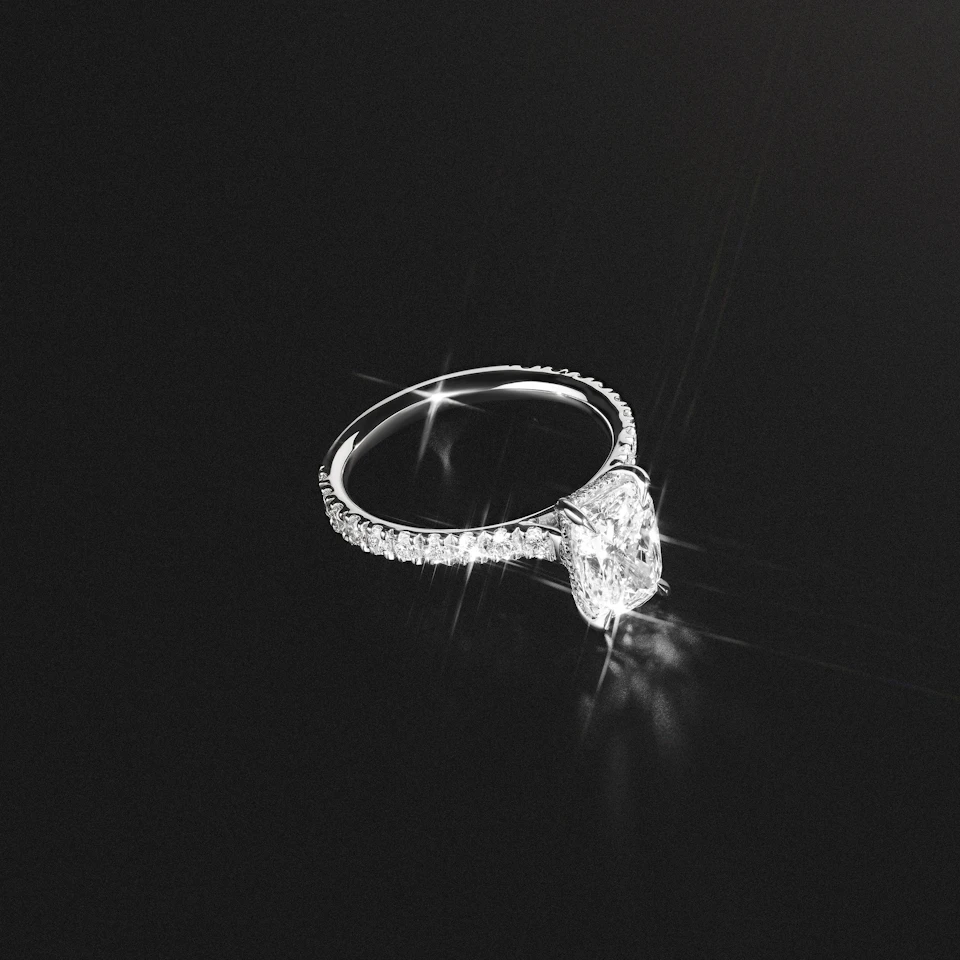 Amora 2.00ct Elongated Cushion Cut Lab Diamond Hidden Halo Engagement Ring with Side Stones in 18K White Gold