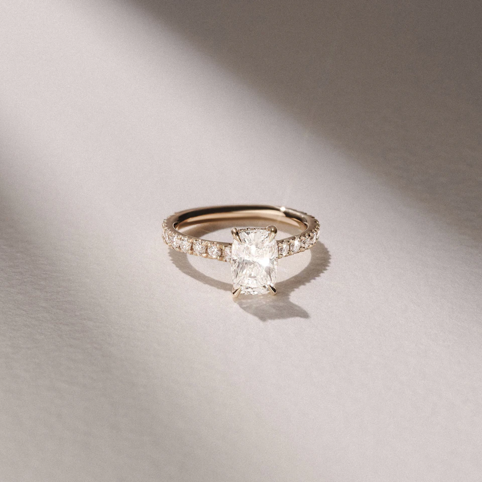 Amora 2.00ct Elongated Cushion Cut Lab Diamond Hidden Halo Engagement Ring with Side Stones in 18K Yellow Gold