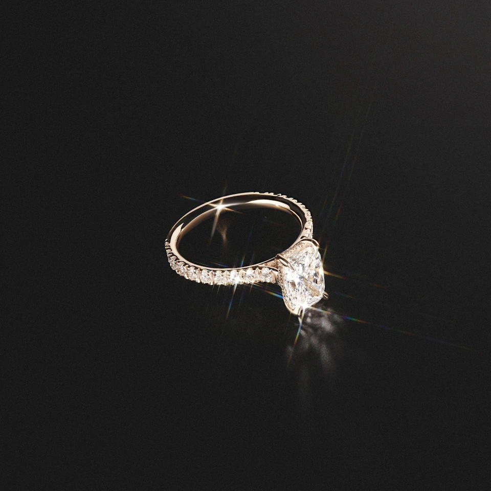 Amora 2.00ct Elongated Cushion Cut Lab Diamond Hidden Halo Engagement Ring with Side Stones in 18K Yellow Gold