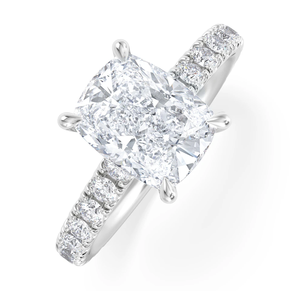 Amora 2.00ct Elongated Cushion Cut Lab Diamond Hidden Halo Engagement Ring with Side Stones in Platinum