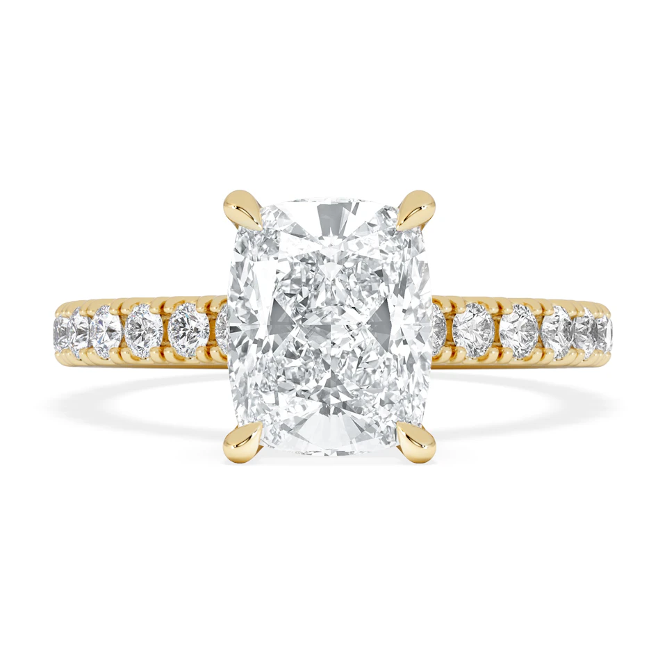 Amora 2.00ct Elongated Cushion Cut Lab Diamond Hidden Halo Engagement Ring with Side Stones in 18K Yellow Gold