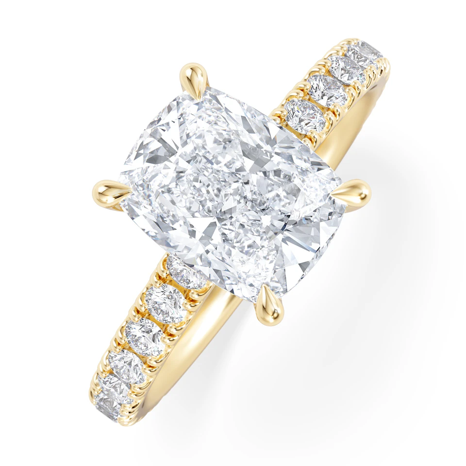 Amora 2.00ct Elongated Cushion Cut Lab Diamond Hidden Halo Engagement Ring with Side Stones in 18K Yellow Gold