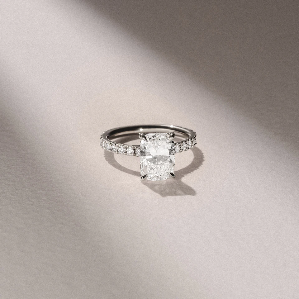 Amora 3.00ct Elongated Cushion Cut Lab Diamond Hidden Halo Engagement Ring with Side Stones in Platinum