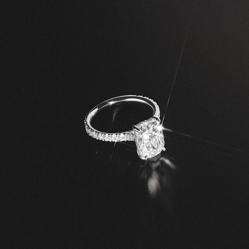 Amora 3.00ct Elongated Cushion Cut Lab Diamond Hidden Halo Engagement Ring with Side Stones in 18K White Gold