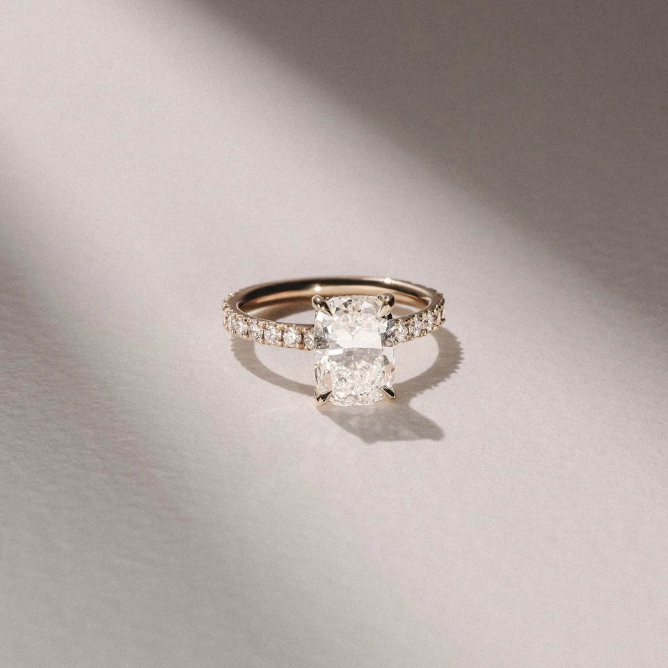 Amora 3.00ct Elongated Cushion Cut Lab Diamond Hidden Halo Engagement Ring with Side Stones in 18K Yellow Gold