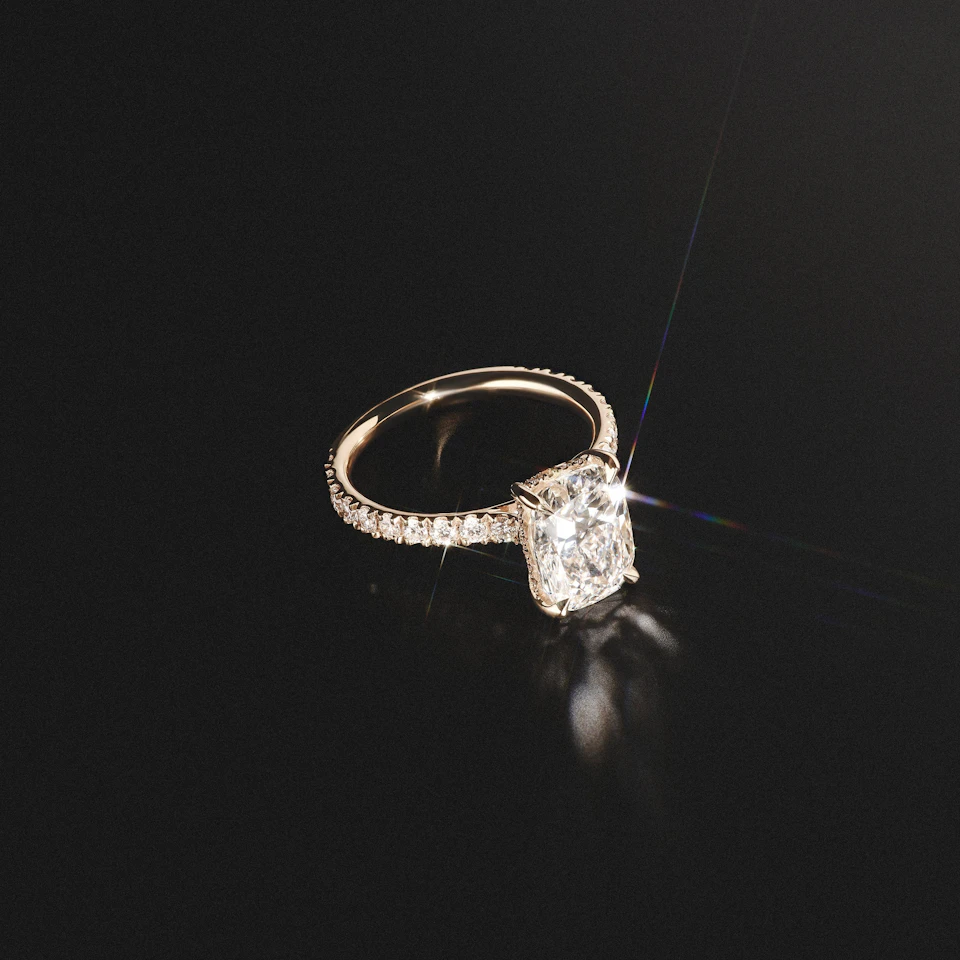 Amora 3.00ct Elongated Cushion Cut Lab Diamond Hidden Halo Engagement Ring with Side Stones in 18K Yellow Gold