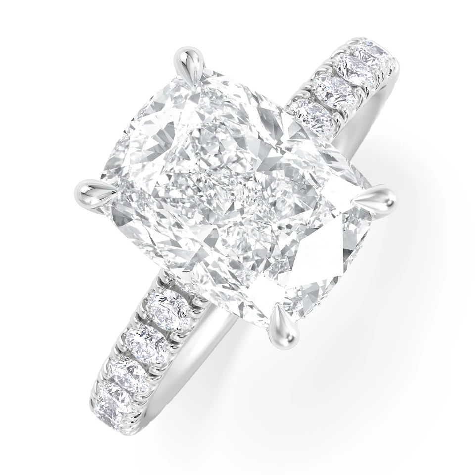 Amora 3.00ct Elongated Cushion Cut Lab Diamond Hidden Halo Engagement Ring with Side Stones in 18K White Gold