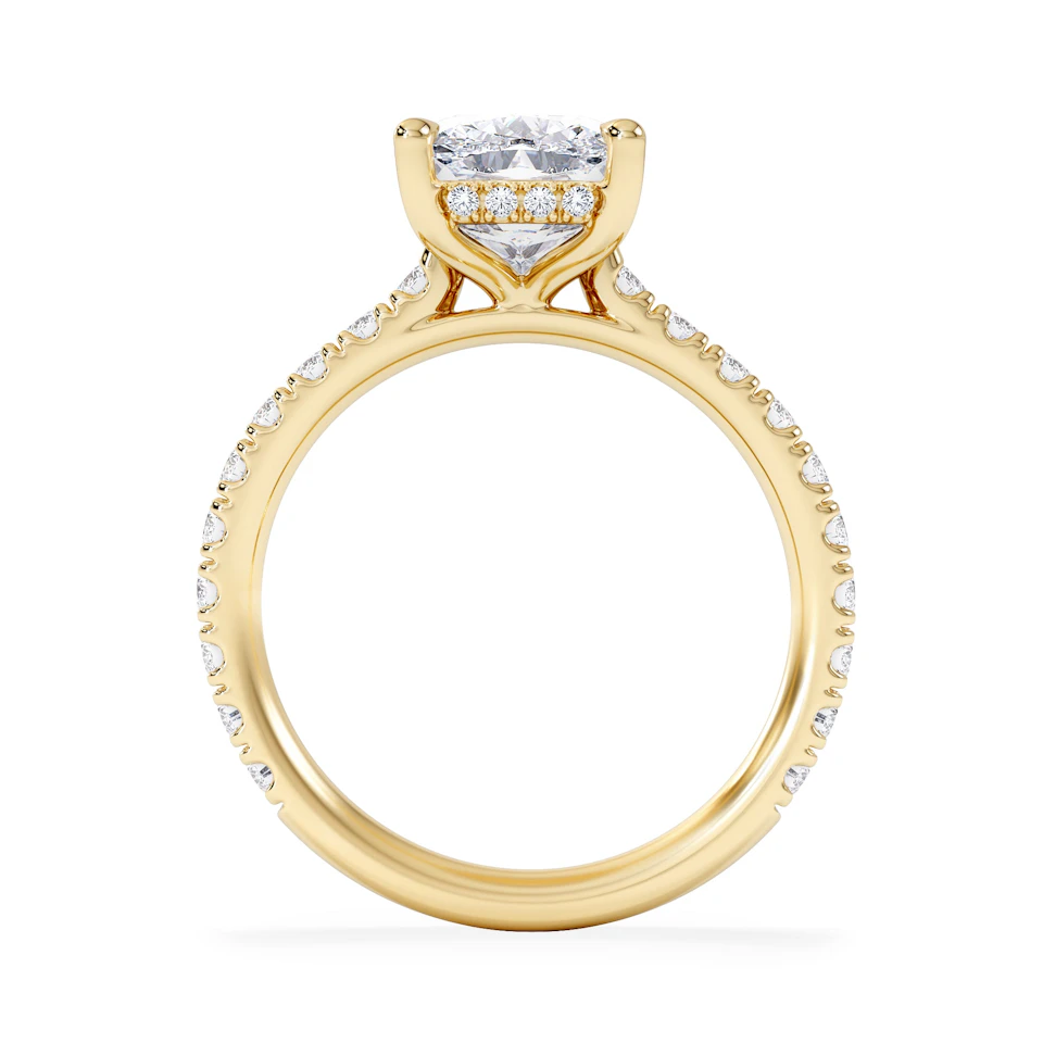 Amora 3.00ct Elongated Cushion Cut Lab Diamond Hidden Halo Engagement Ring with Side Stones in 18K Yellow Gold