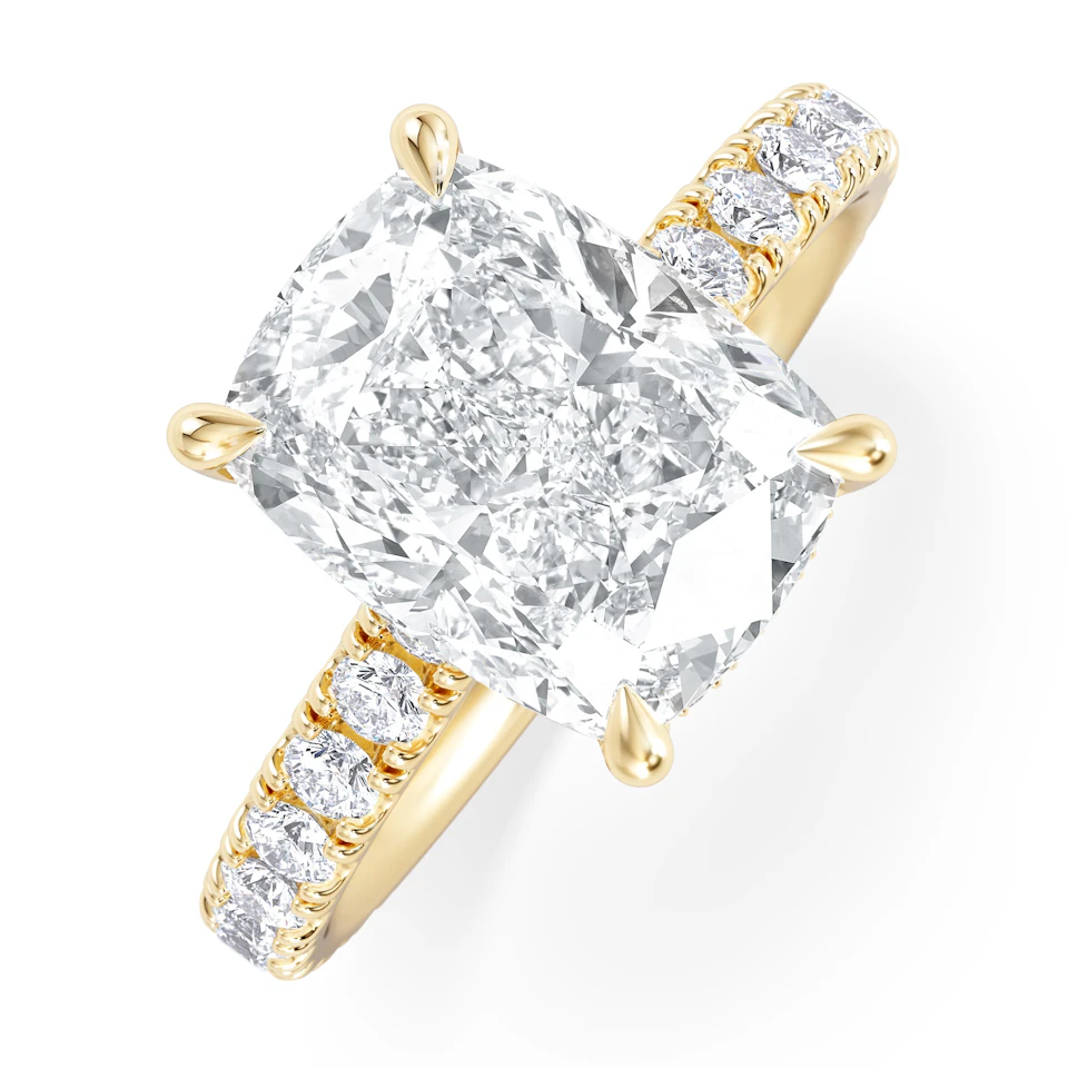 Amora 3.00ct Elongated Cushion Cut Lab Diamond Hidden Halo Engagement Ring with Side Stones in 18K Yellow Gold