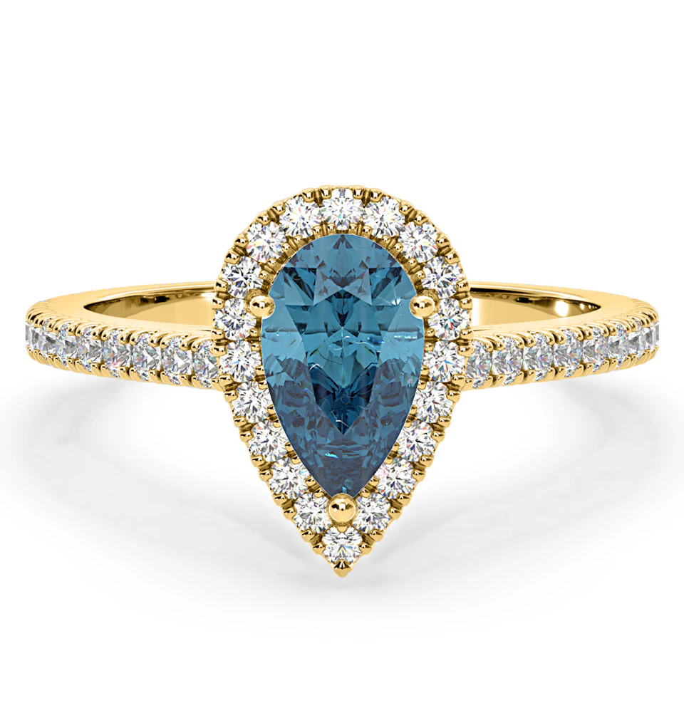 Diana Blue Lab Diamond Pear Halo Ring 1.60ct in 18K Yellow Gold - Elara Collection