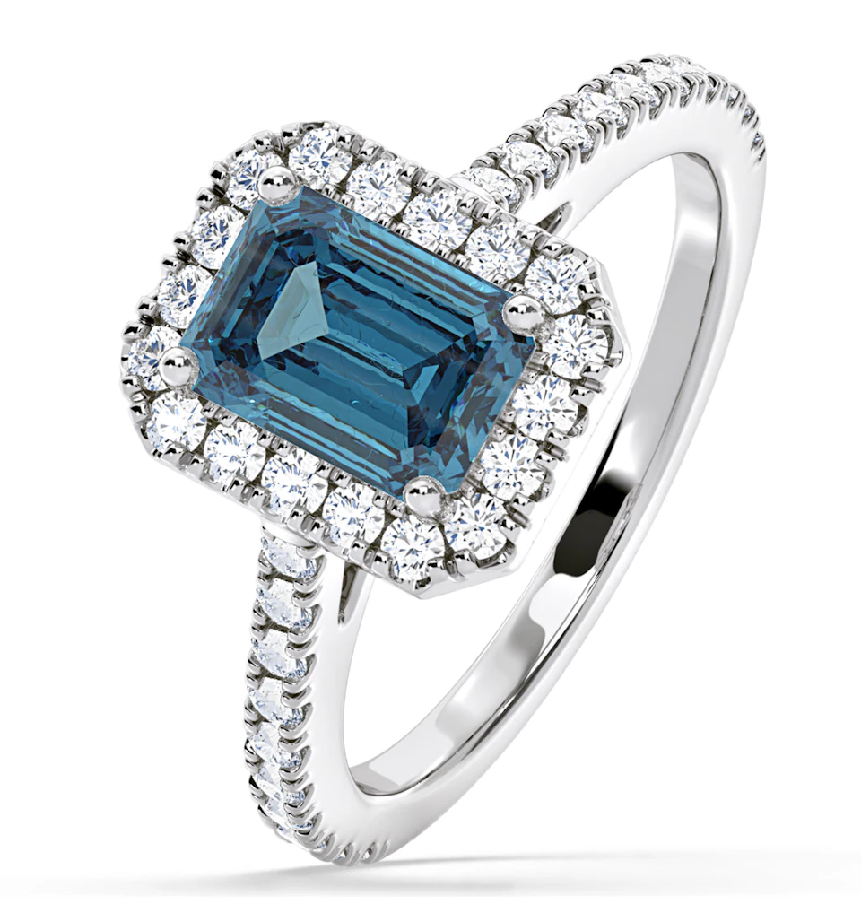 Annabelle Blue Lab Diamond 1.65ct Emerald Cut Halo Ring in 18K White Gold - Elara Collection