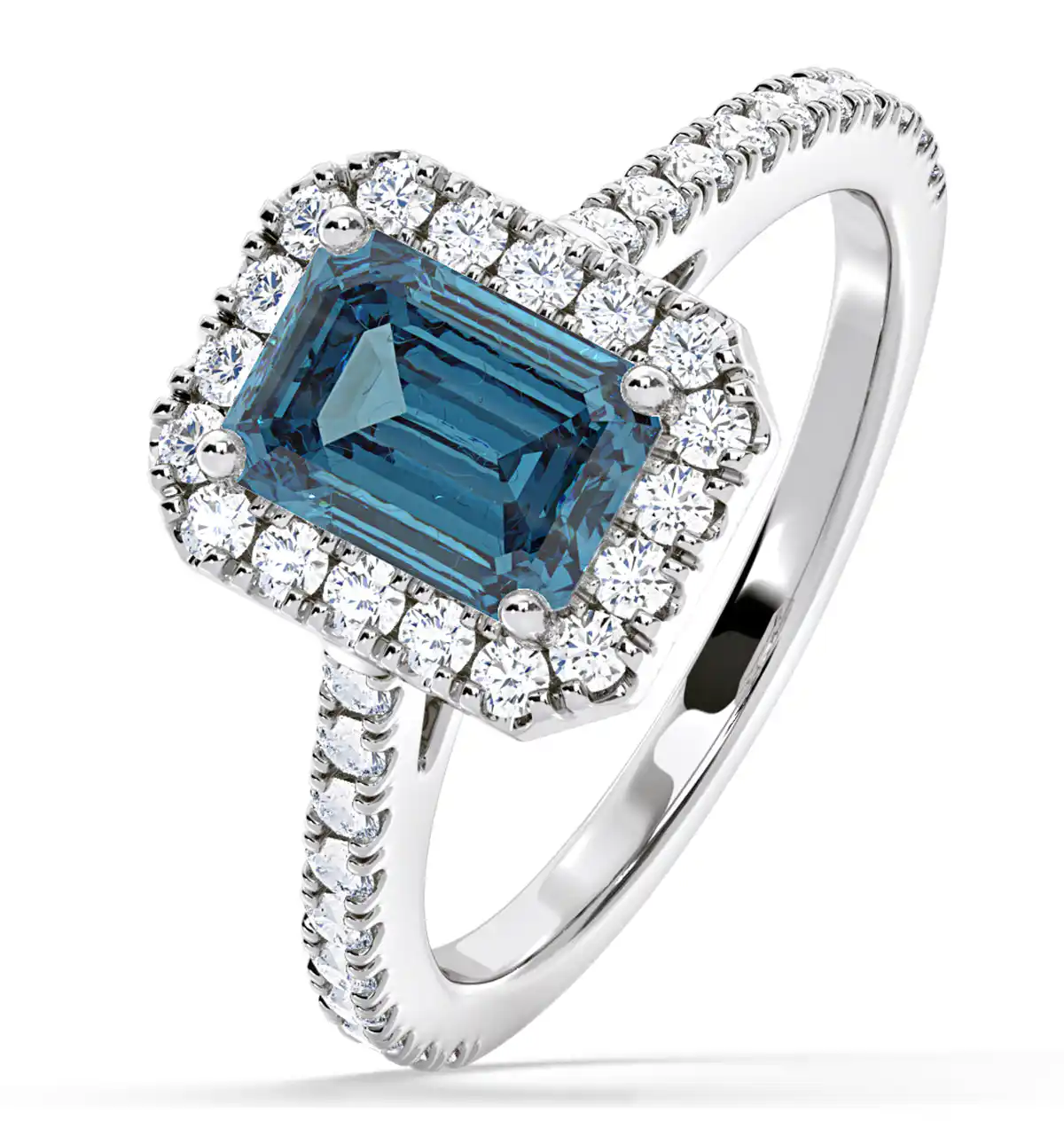 Annabelle Blue Lab Diamond 1.65ct Emerald Cut Halo Ring in 18K White Gold - Elara Collection