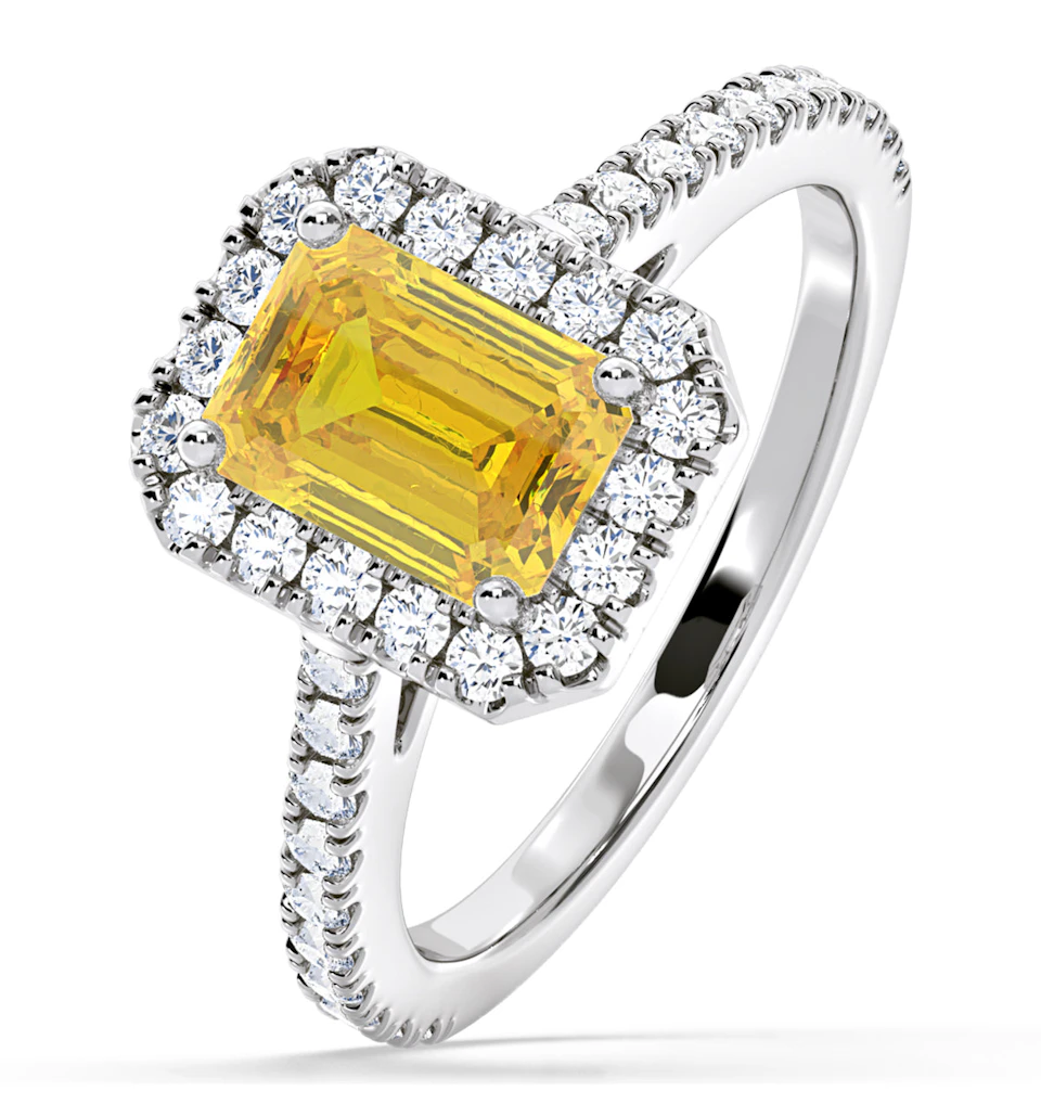 Annabelle Yellow Lab Diamond 1.65ct Emerald Cut Halo Ring in Platinum - Elara Collection