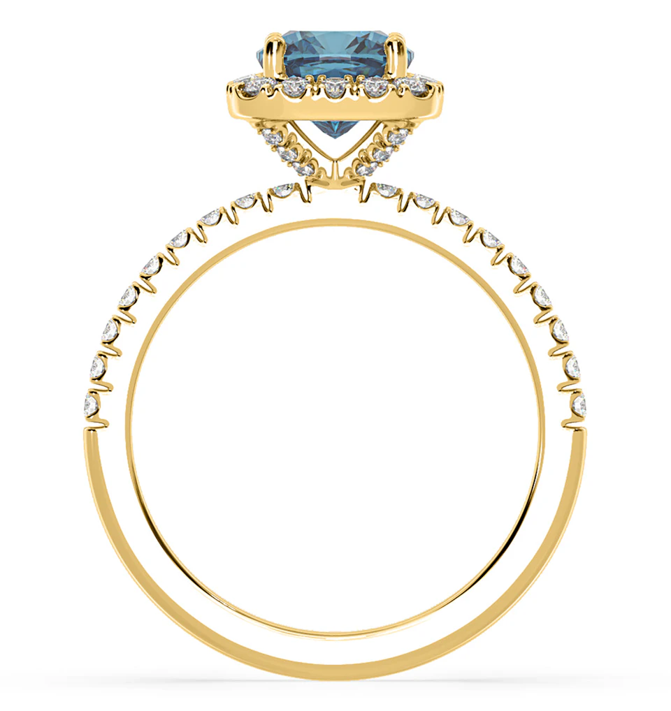 Beatrice Blue Lab Diamond 1.65ct Cushion Halo Ring in 18K Yellow Gold- Elara Collection
