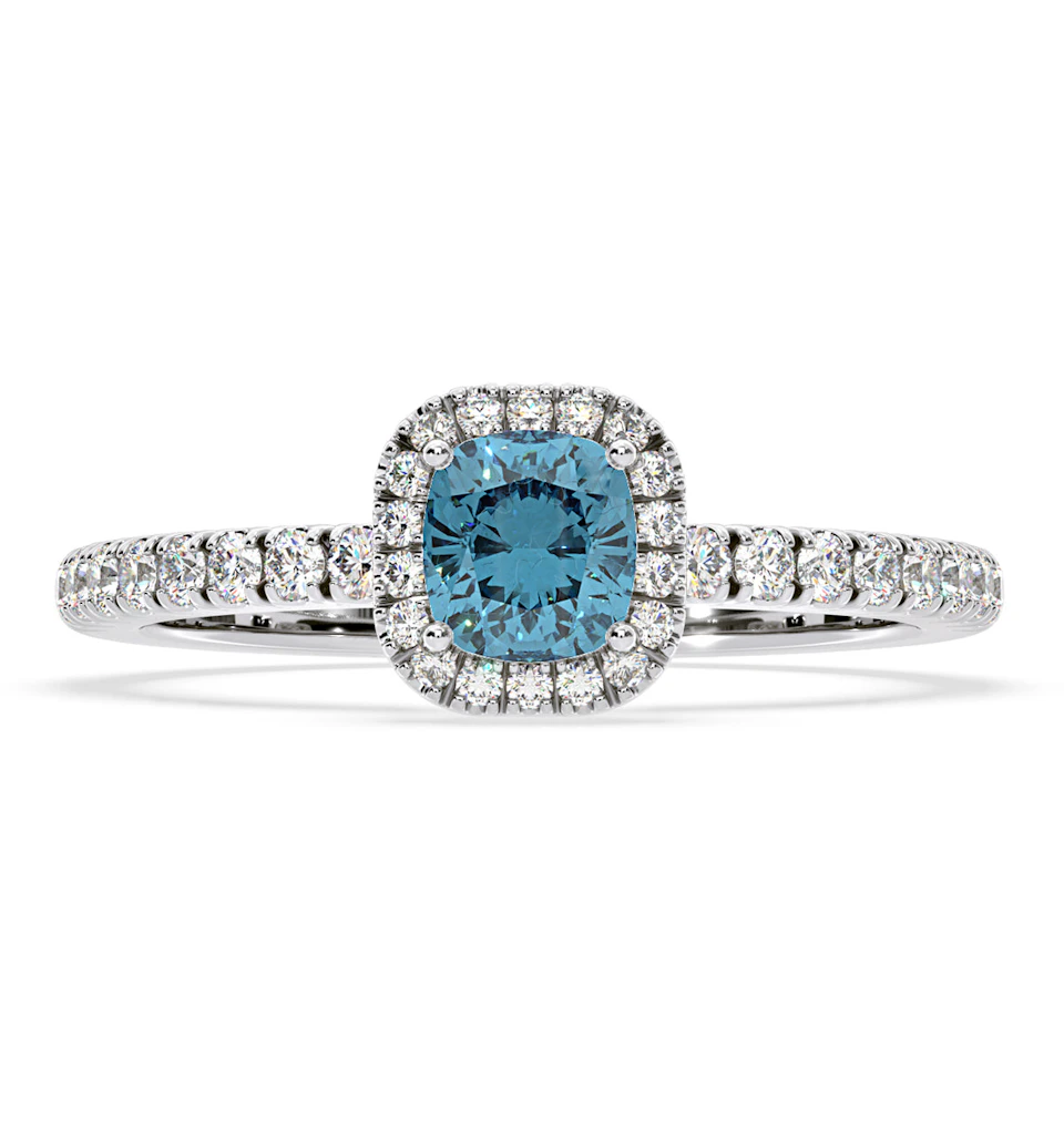 Beatrice Blue Lab Diamond 1.00ct Cushion Halo Ring in 18K White Gold- Elara Collection