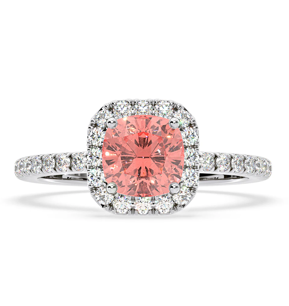 Beatrice Pink Lab Diamond 1.65ct Cushion Halo Ring in 18K White Gold- Elara Collection