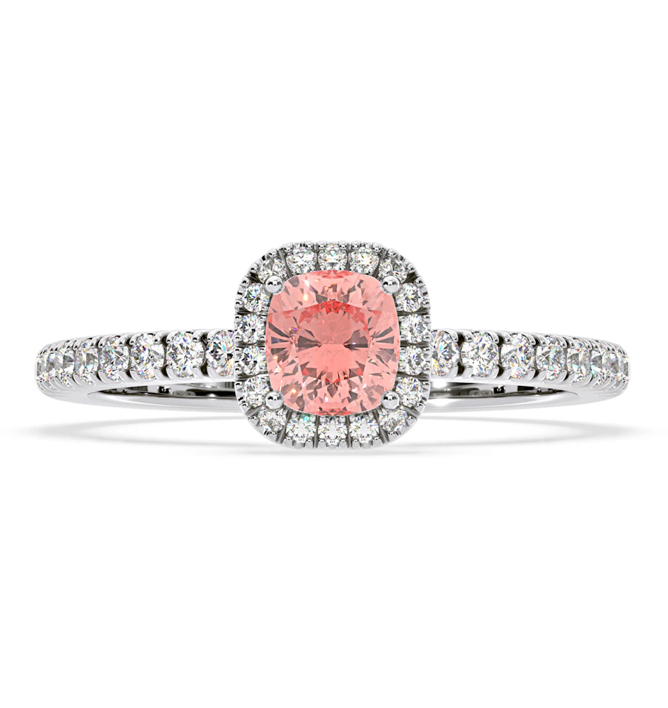 Beatrice Pink Lab Diamond 1.00ct Cushion Halo Ring in 18K White Gold- Elara Collection