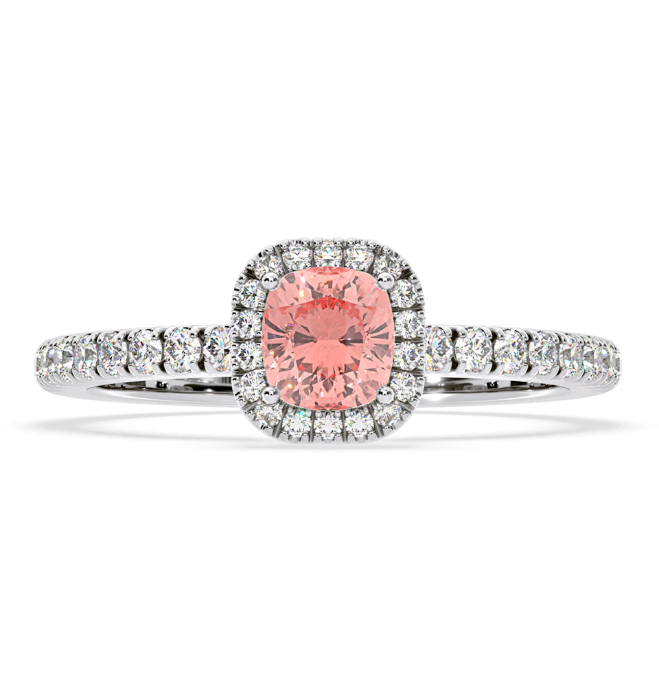 Beatrice Pink Lab Diamond 1.00ct Cushion Halo Ring in Platinum - Elara Collection