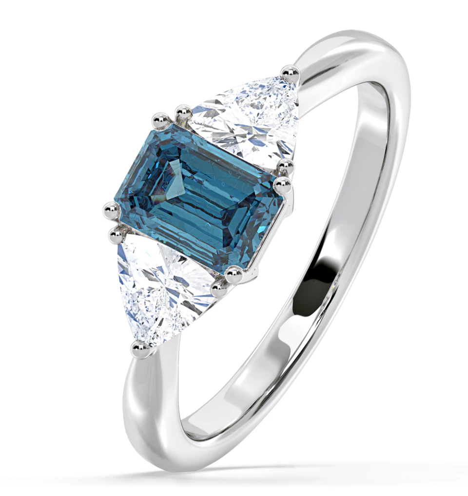 Aurora Blue Lab Diamond Emerald Cut and Trillion 1.70ct Ring in Platinum - Elara Collection