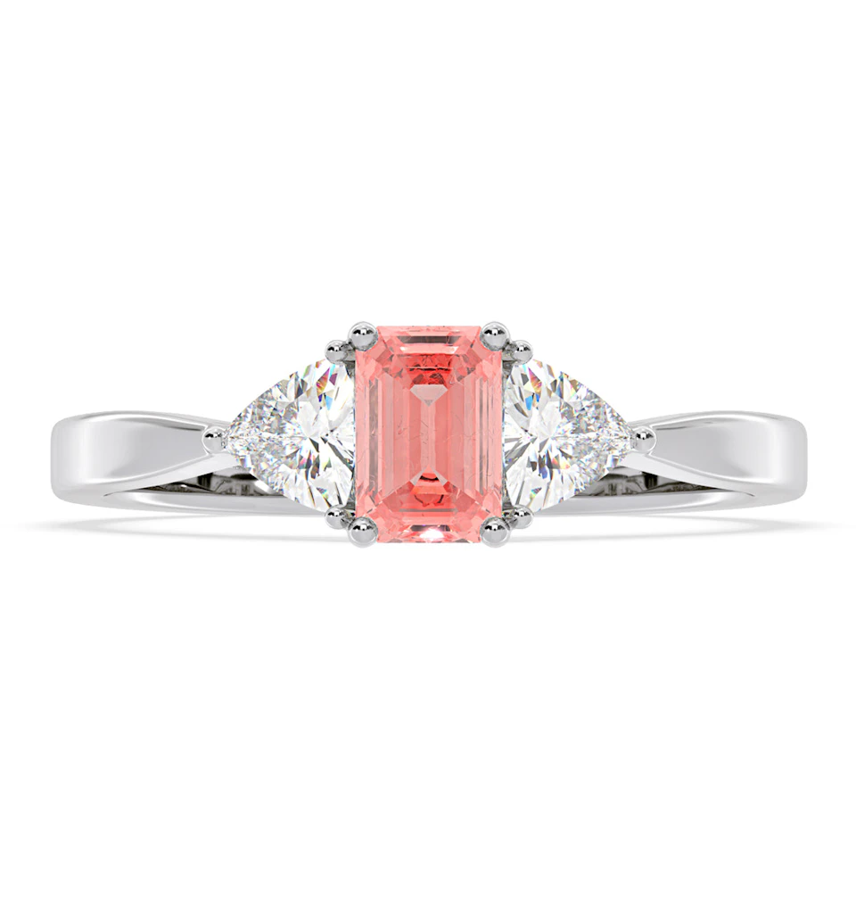 Aurora Pink Lab Diamond Emerald Cut and Trillion 1.00ct Ring in 18K White Gold - Elara Collection