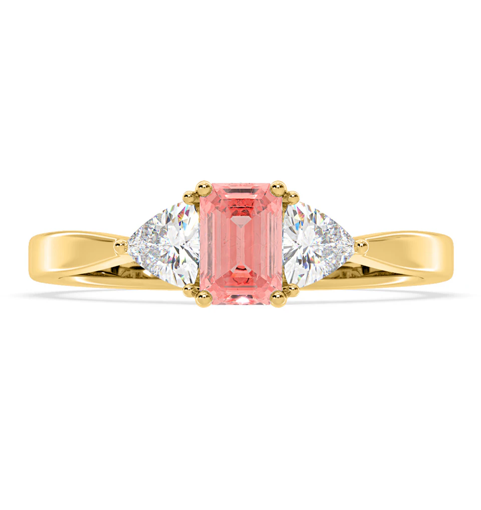 Aurora Pink Lab Diamond Emerald Cut and Trillion 1.00ct Ring in 18K Yellow Gold - Elara Collection