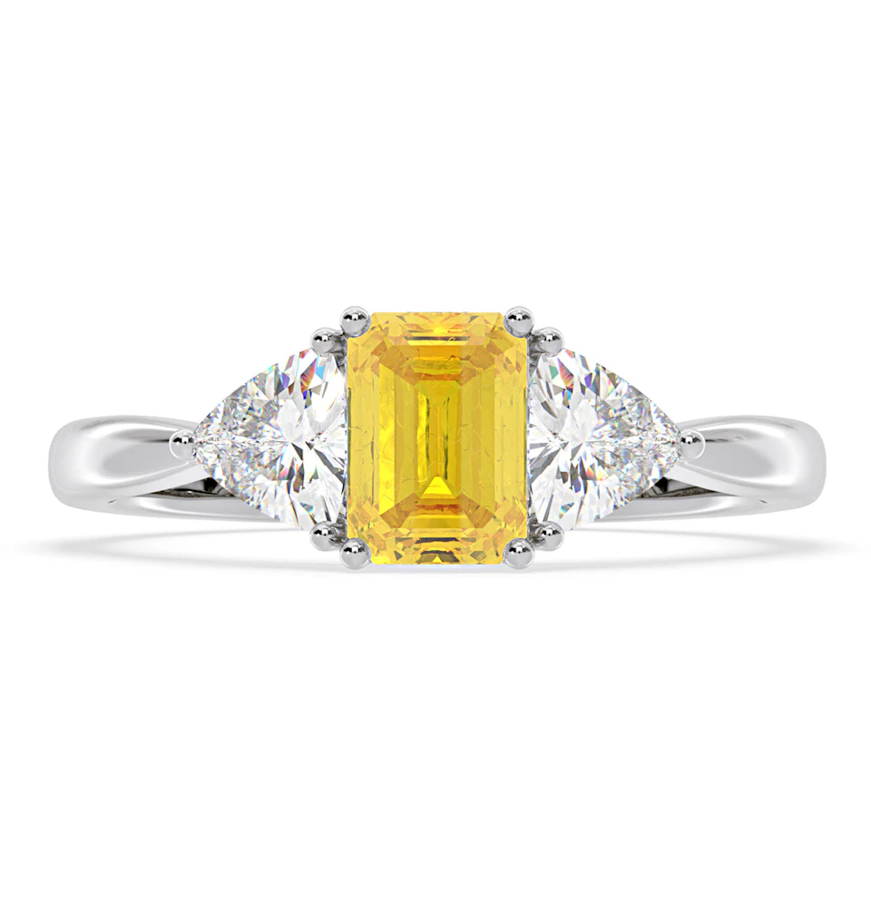 Aurora Yellow Lab Diamond Emerald Cut and Trillion 1.70ct Ring in 18K White Gold - Elara Collection