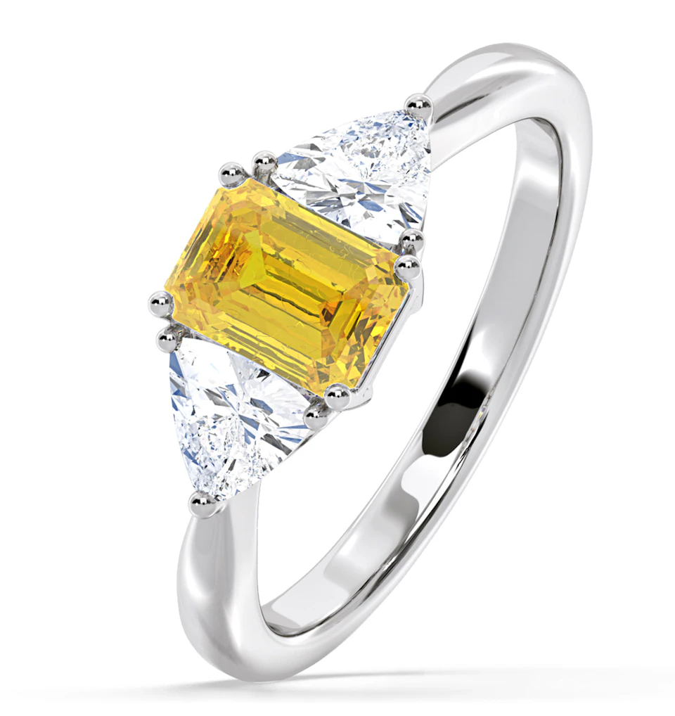 Aurora Yellow Lab Diamond Emerald Cut and Trillion 1.70ct Ring in 18K White Gold - Elara Collection