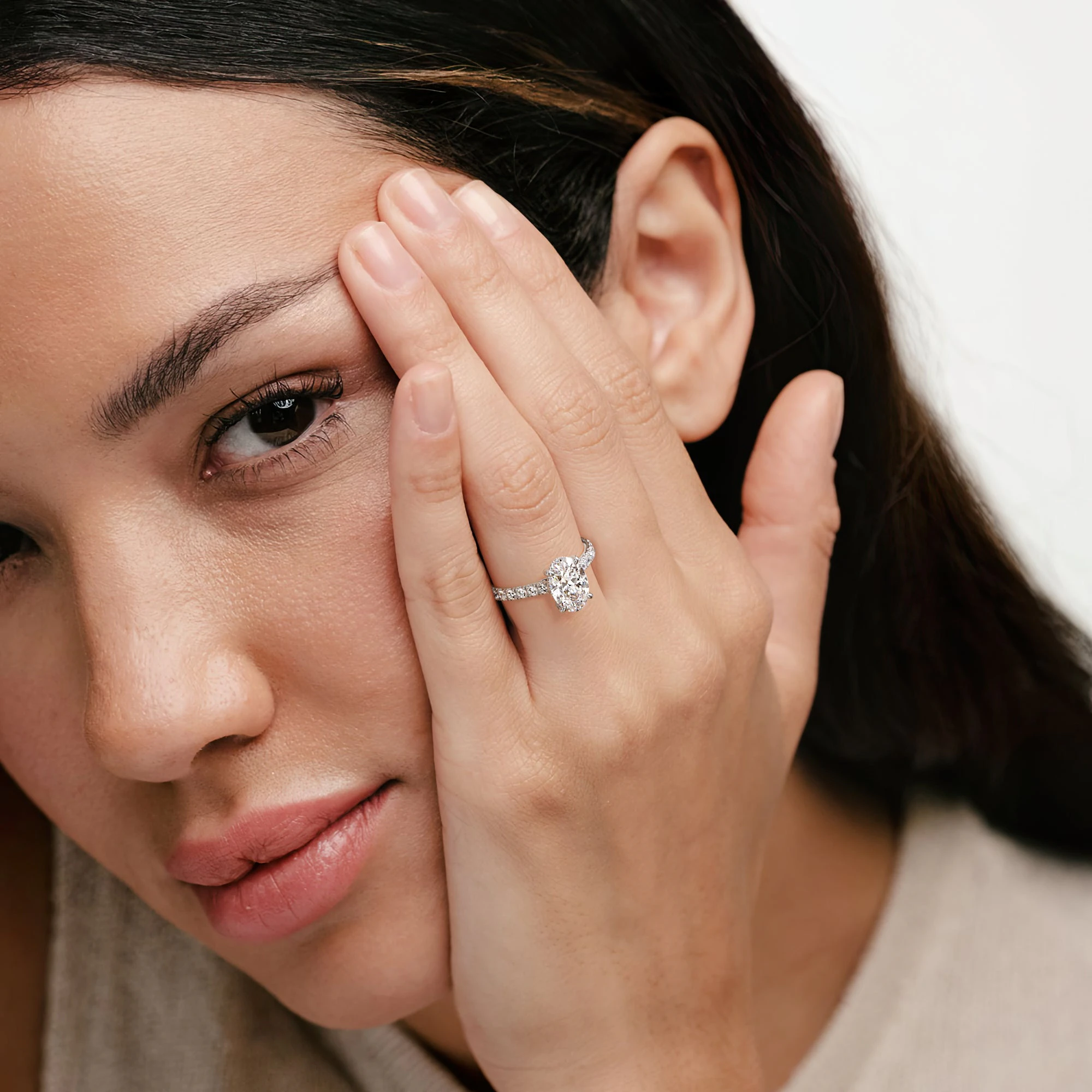 Amora Oval 2.00ct Hidden Halo Lab Diamond Engagement Ring With Side Stones Set in 18K White Gold