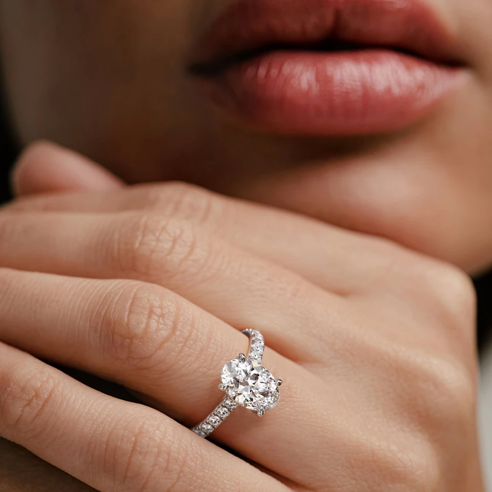 Amora Oval 2.00ct Hidden Halo Lab Diamond Engagement Ring With Side Stones Set in 18K White Gold