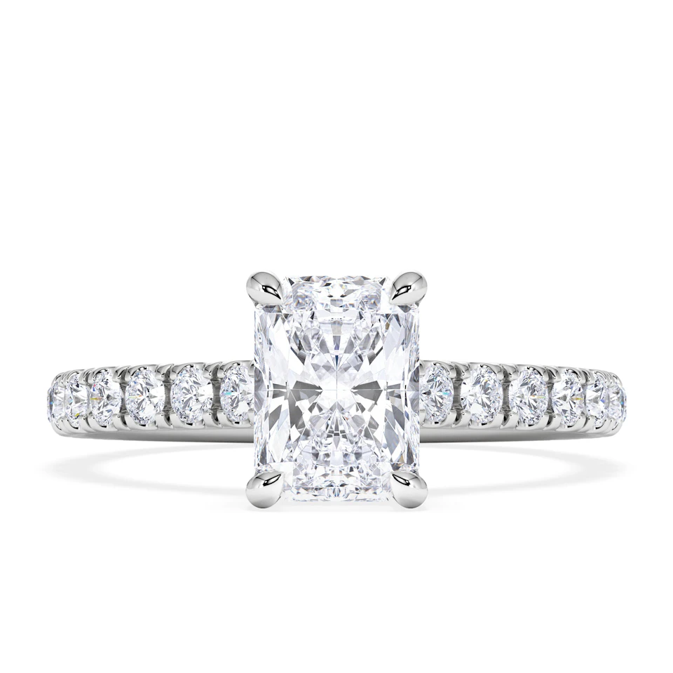 Amora Radiant 1.00ct Hidden Halo Diamond Engagement Ring With Side Stones Set in Platinum