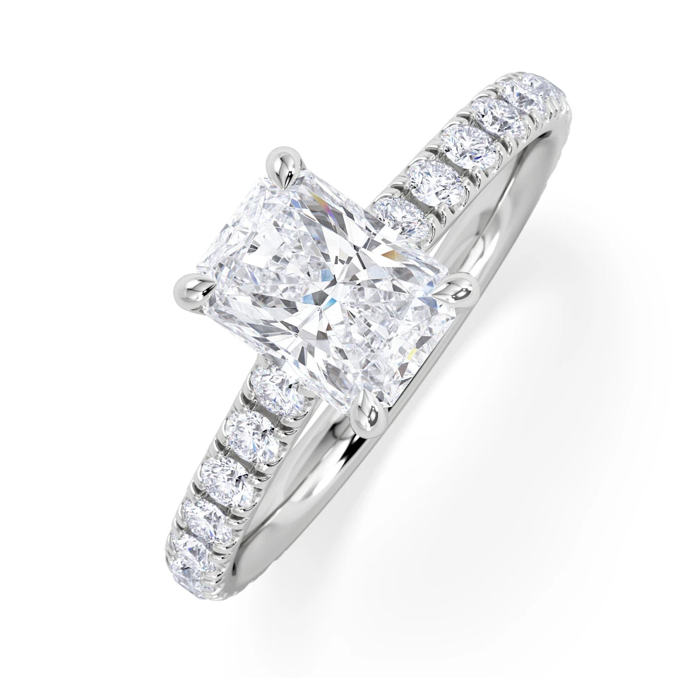 Amora Radiant 1.00ct Hidden Halo Diamond Engagement Ring With Side Stones Set in Platinum