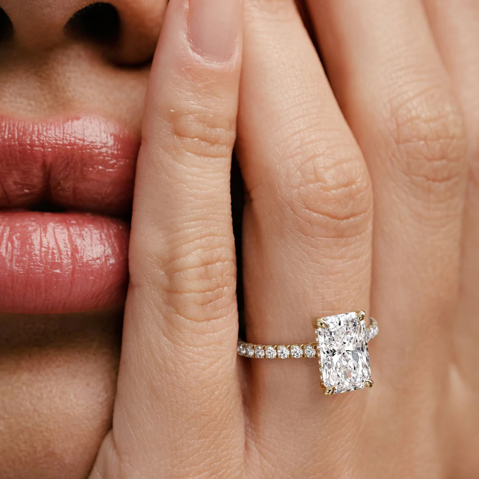 Amora Radiant 3.00ct Hidden Halo Lab Diamond Engagement Ring With Side Stones Set in 18K Gold