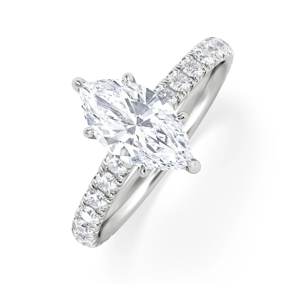 Amora Marquise 1.47ct Hidden Halo Engagement Ring With Side Stone Set in Platinum
