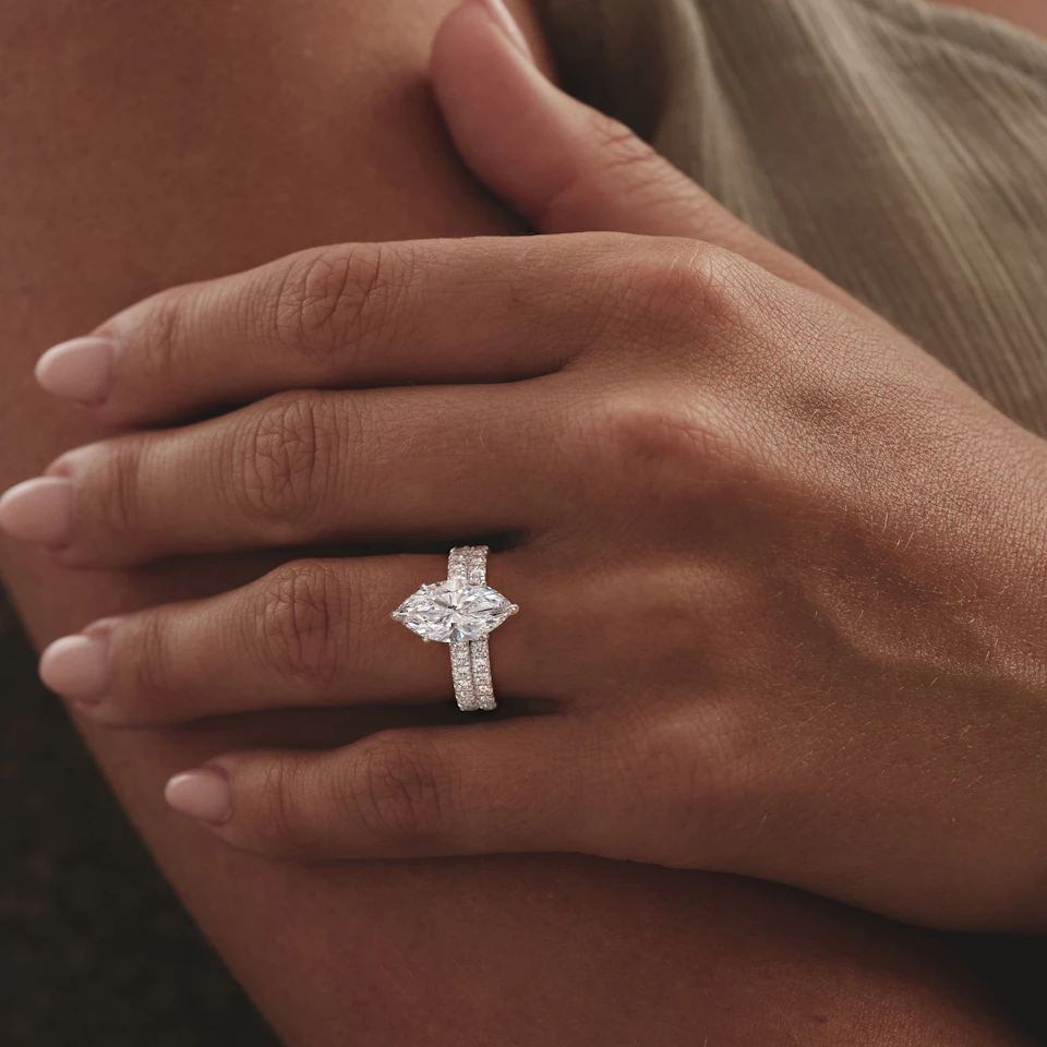 Amora Marquise 3.36ct Hidden Halo Lab Diamond Engagement Ring With Side Stones Set in 18K White Gold