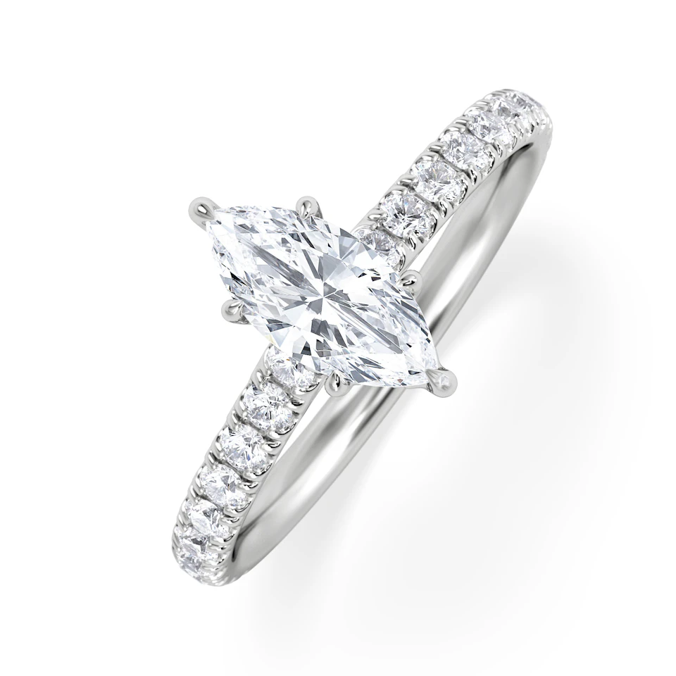 Amora Marquise 0.97ct Hidden Halo Diamond Engagement Ring with Side Stones Set in 18K White Gold