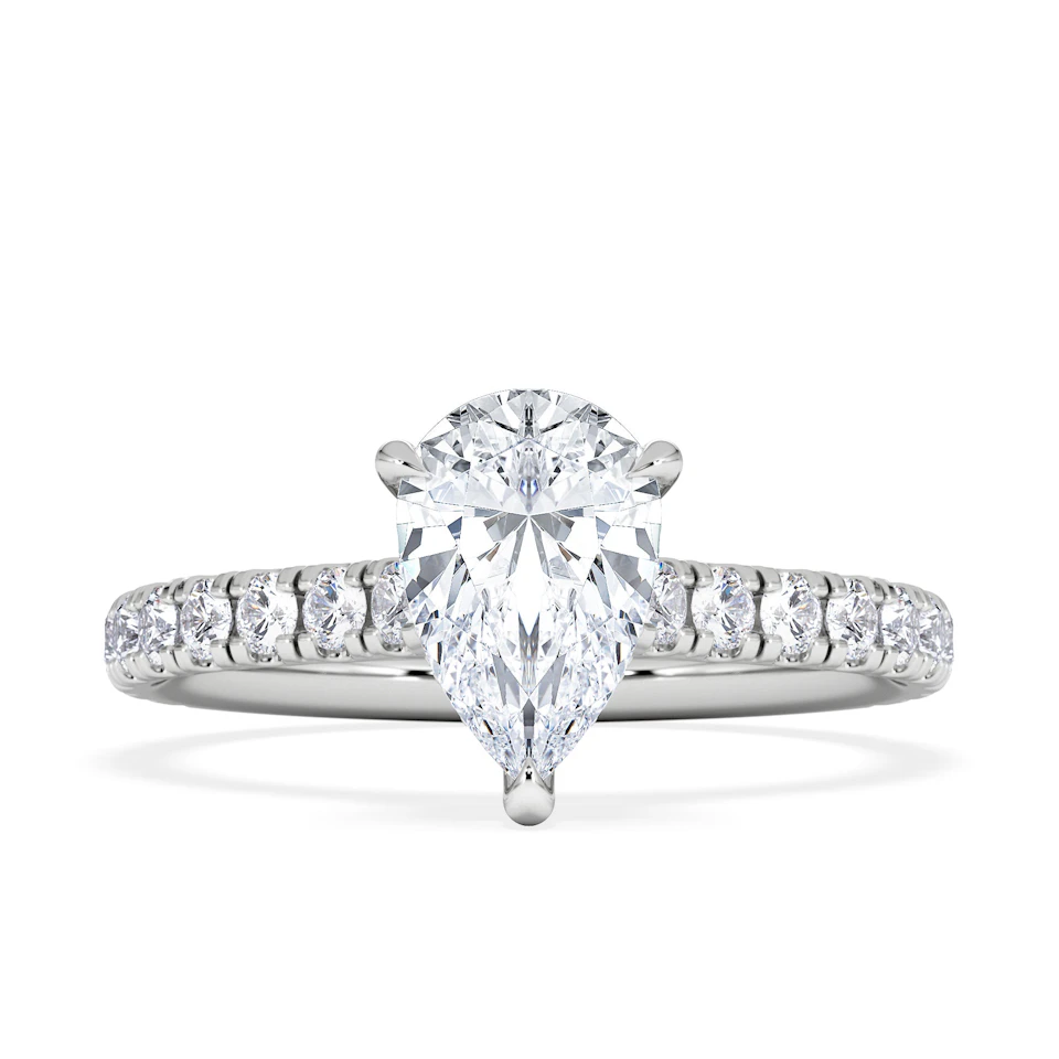Amora Pear 1.47ct Hidden Halo Lab Diamond Engagement Ring With Side Stones Set in 18K White Gold