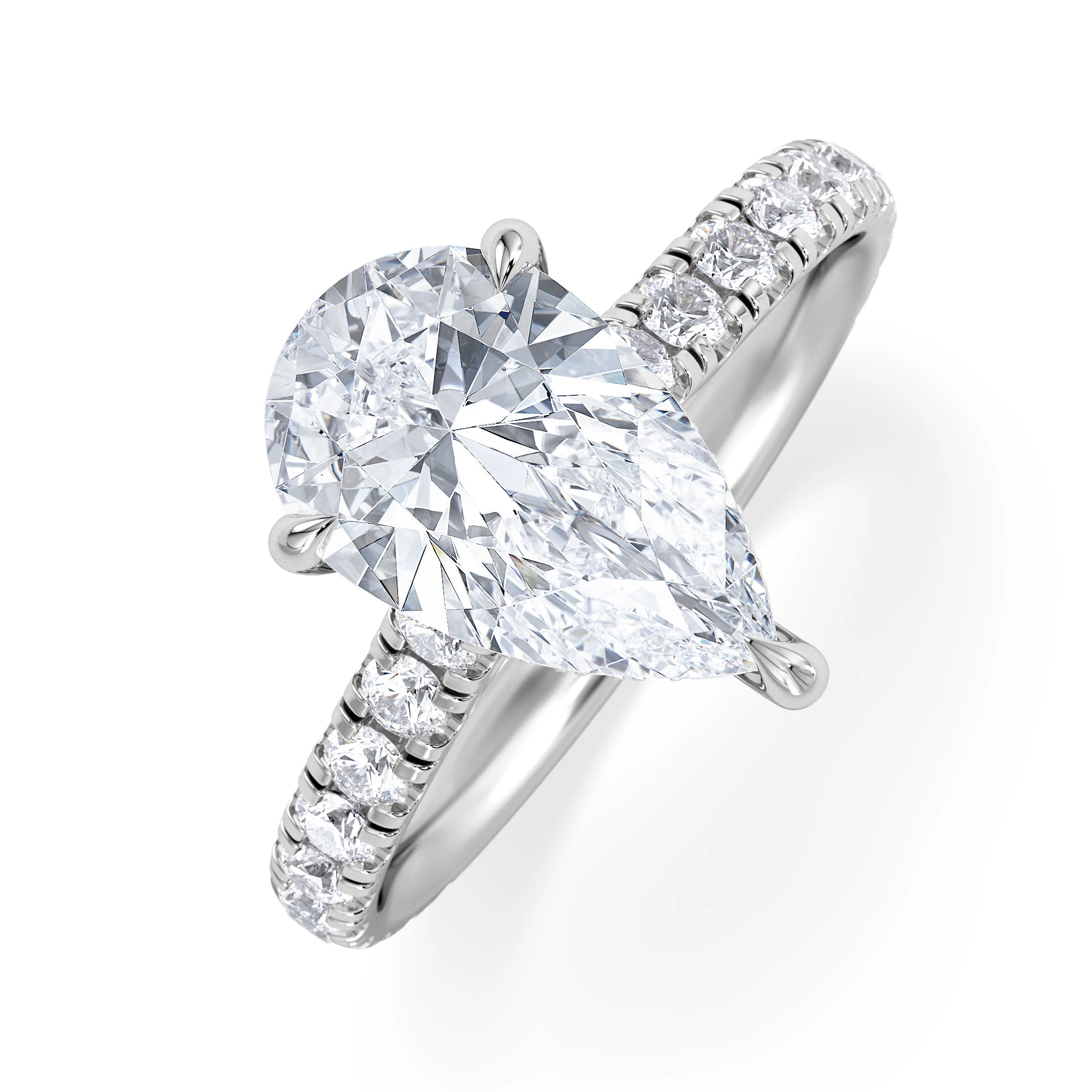 Amora Pear 2.55ct Hidden Halo Lab Diamond Engagement Ring With Side Stones Set in 18K White Gold