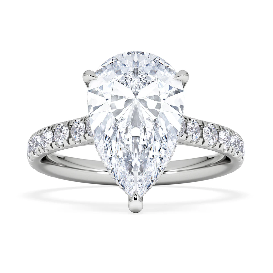 Amora Pear 3.36ct Hidden Halo Lab Diamond Engagement Ring With Side Stones Set in 18K White Gold