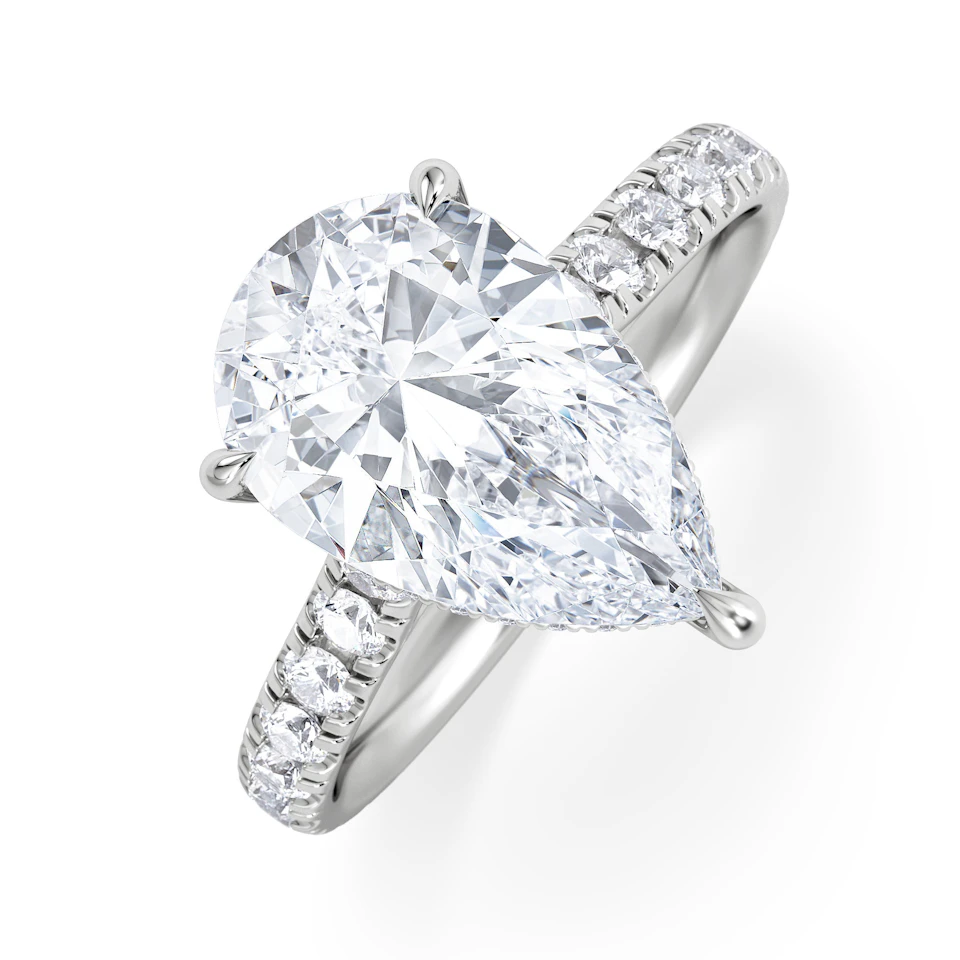 Amora Pear 3.36ct Hidden Halo Lab Diamond Engagement Ring With Side Stones Set in 18K Platinum